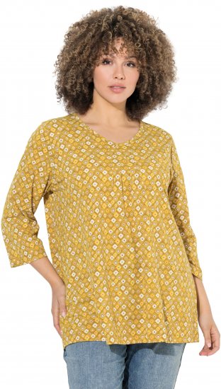 Ulla Popken Graphic Print Pleated 3/4 Sleeve Tee Mocha Brown - Marškinėliai - 