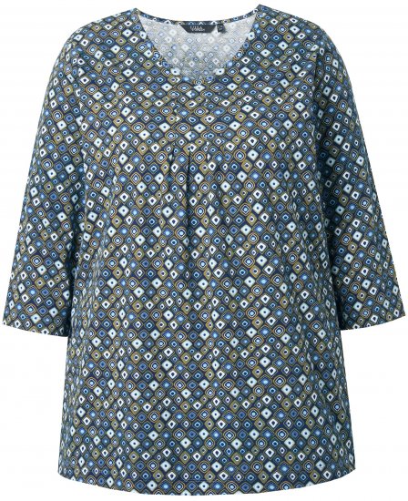 Ulla Popken Graphic Print Pleated 3/4 Sleeve Tee Atlantic Blue - Marškinėliai - 