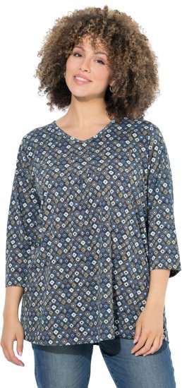 Ulla Popken Graphic Print Pleated 3/4 Sleeve Tee Atlantic Blue - Marškinėliai - 