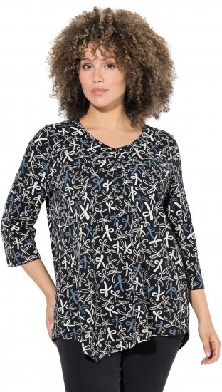 Ulla Popken Ribbon Print 3/4 Sleeve Asymmetric Tee Black - Spausdinti marškinėliai moterims - 