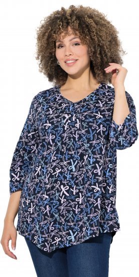 Ulla Popken Ribbon Print 3/4 Sleeve Asymmetric Tee Navy - Spausdinti marškinėliai moterims - 