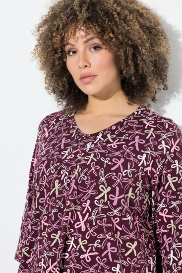 Ulla Popken Ribbon Print 3/4 Sleeve Asymmetric Tee Plum - Spausdinti marškinėliai moterims - Marškinėliai su raštais moterims