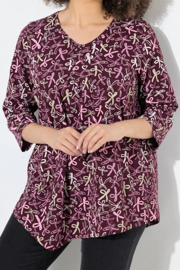 Ulla Popken Ribbon Print 3/4 Sleeve Asymmetric Tee Plum - Spausdinti marškinėliai moterims - Marškinėliai su raštais moterims