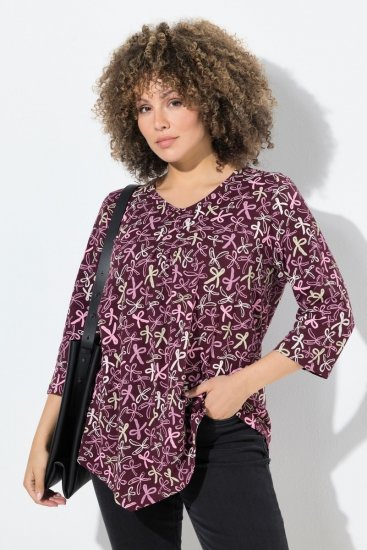 Ulla Popken Ribbon Print 3/4 Sleeve Asymmetric Tee Plum - Spausdinti marškinėliai moterims - Marškinėliai su raštais moterims