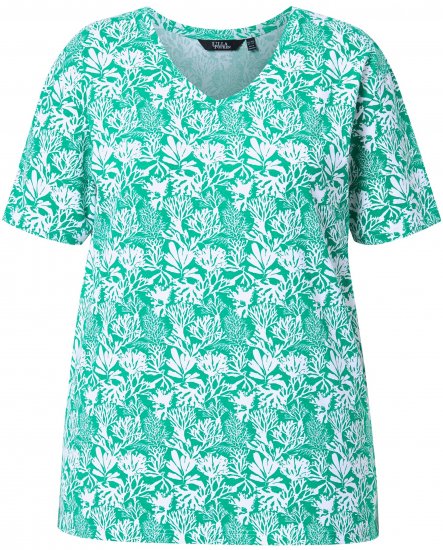 Ulla Popken Coral Reef Printed Short Sleeve V-Neck Tee Emerald - Spausdinti marškinėliai moterims - 
