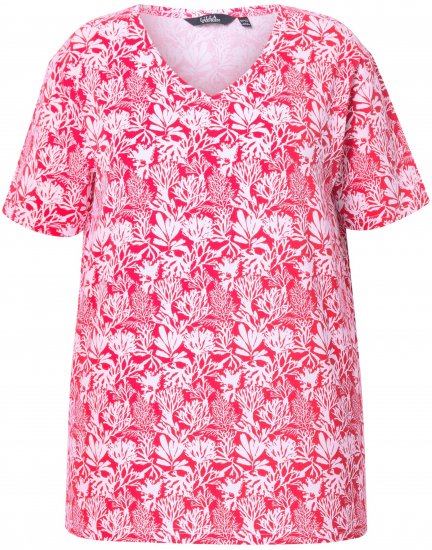 Ulla Popken Coral Reef Printed Short Sleeve V-Neck Tee Lychee - Spausdinti marškinėliai moterims - 