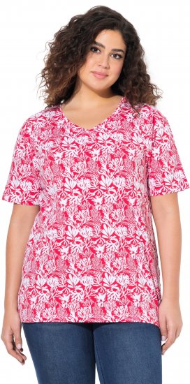 Ulla Popken Coral Reef Printed Short Sleeve V-Neck Tee Lychee - Spausdinti marškinėliai moterims - 