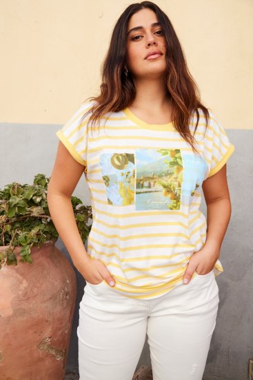Ulla Popken Striped Short Sleeve Citrus Graphic Tee Sun Yellow - Spausdinti marškinėliai moterims - 