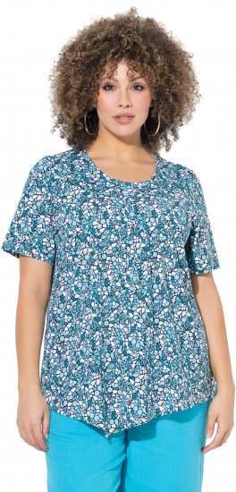 Ulla Popken Floral Pointed Hem Short Sleeve Tee Deep Aqua - Spausdinti marškinėliai moterims - 