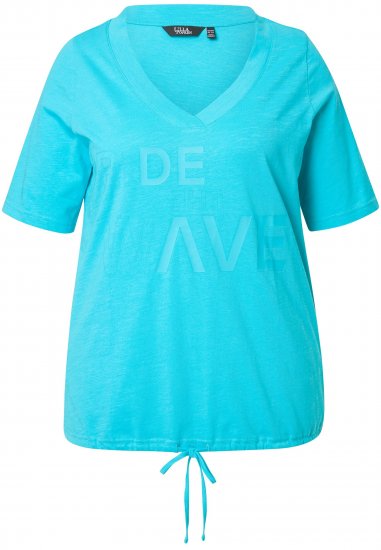 Ulla Popken Ride The Wave Short Sleeve V-Neck Graphic Tee Deep Aqua - Spausdinti marškinėliai moterims - 