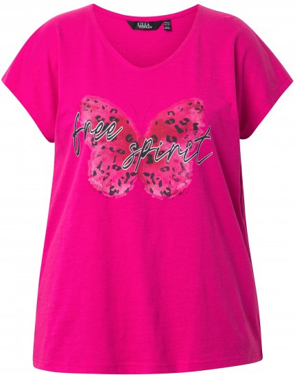 Ulla Popken Free Spirit Butterfly Cap Sleeve Graphic Tee Magenta Pink - Spausdinti marškinėliai moterims - 