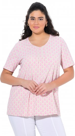 Ulla Popken Cactus Print Short Sleeve V-Neck Tee Pink - Spausdinti marškinėliai moterims - 