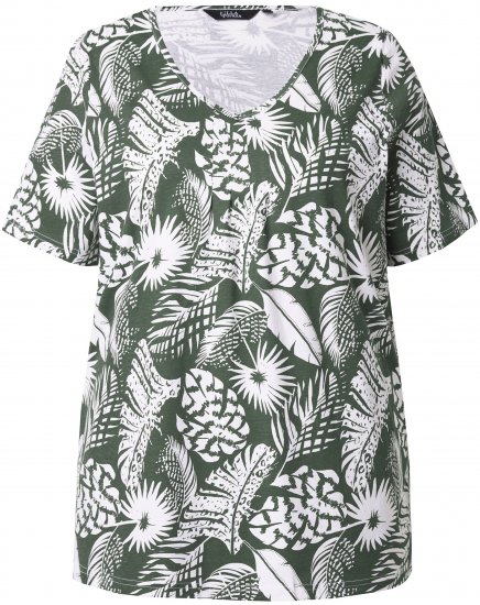 Ulla Popken Feather Print Short Sleeve V-Neck Tee Olive Grey - Spausdinti marškinėliai moterims - 
