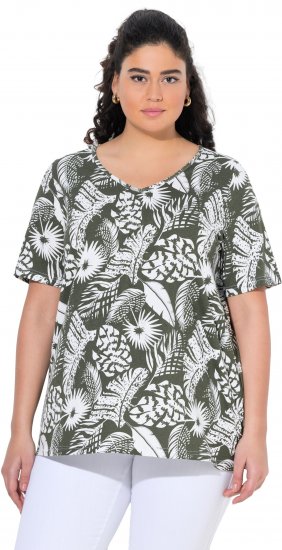 Ulla Popken Feather Print Short Sleeve V-Neck Tee Olive Grey - Spausdinti marškinėliai moterims - 