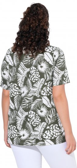 Ulla Popken Feather Print Short Sleeve V-Neck Tee Olive Grey - Spausdinti marškinėliai moterims - 