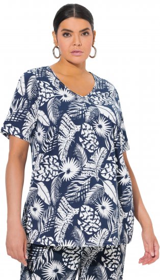 Ulla Popken Feather Print Short Sleeve V-Neck Tee Ink Blue - Spausdinti marškinėliai moterims - 