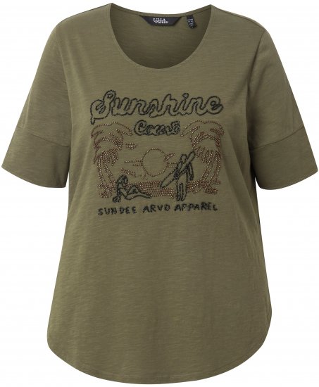Ulla Popken Beaded Short Sleeve Graphic Tee Olive - Spausdinti marškinėliai moterims - 