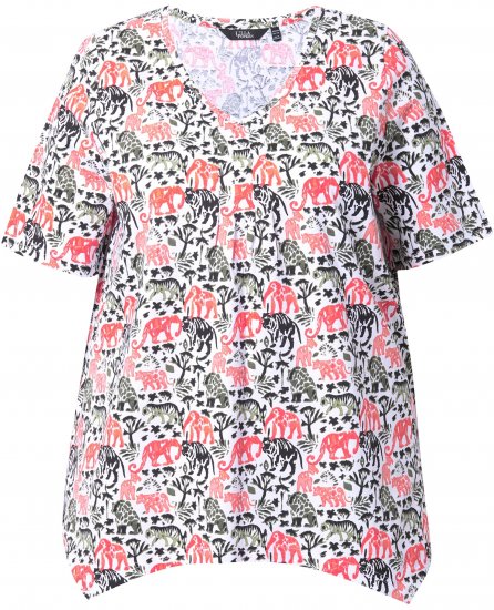 Ulla Popken Half-sleeve A-line V-neck Pointed Hem Animal Pattern T-shirt Snow White - Spausdinti marškinėliai moterims - 