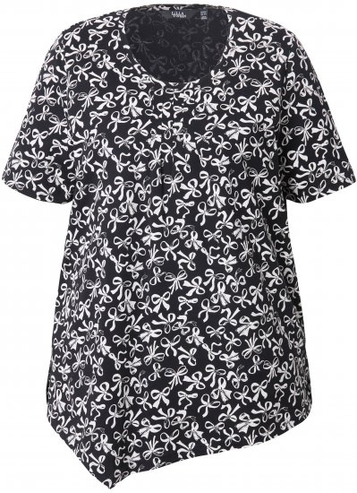 Ulla Popken Bow Print Short Sleeve Pointed Hem Tee Black - Spausdinti marškinėliai moterims - 