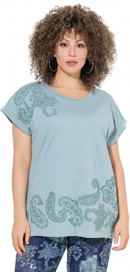 Ulla Popken Textured Paisley Motif Cap Sleeve Tee Light Moss Green - Spausdinti marškinėliai moterims - 