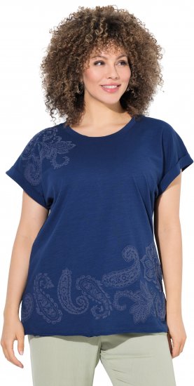 Ulla Popken Textured Paisley Motif Cap Sleeve Tee Navy - Spausdinti marškinėliai moterims - 