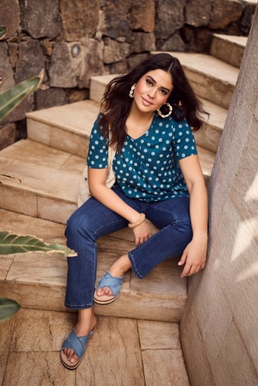 Ulla Popken Tile Print Short Sleeve Pleated Tee Teal - Spausdinti marškinėliai moterims - 