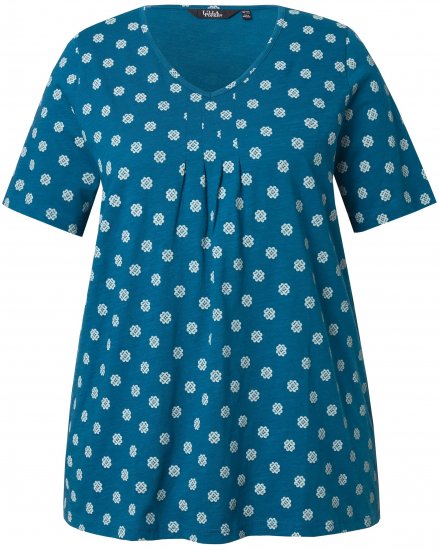 Ulla Popken Tile Print Short Sleeve Pleated Tee Teal - Spausdinti marškinėliai moterims - 