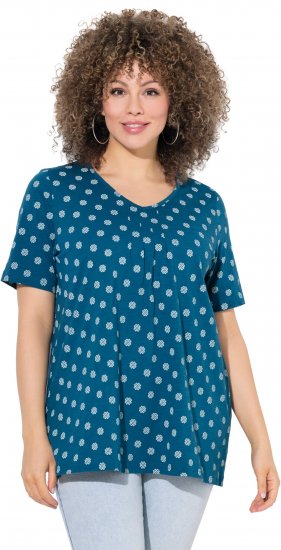 Ulla Popken Tile Print Short Sleeve Pleated Tee Teal - Spausdinti marškinėliai moterims - 