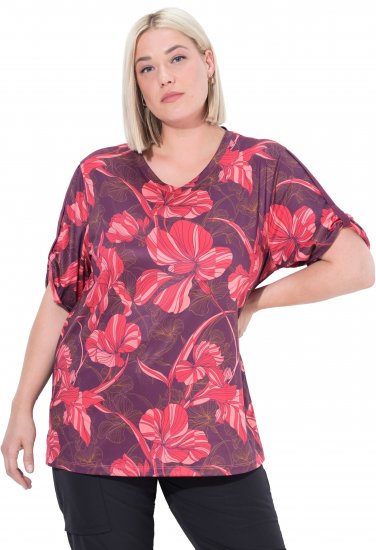 Ulla Popken Quick Drying Flower Print Short Sleeve Tee Dark Cherry - Spausdinti marškinėliai moterims - 