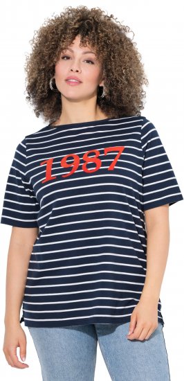 Ulla Popken Striped 1987 Boat Neck Tee Navy Blue - Spausdinti marškinėliai moterims - 
