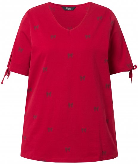 Ulla Popken Bow Print Split Sleeve Tee Ruby Red - Spausdinti marškinėliai moterims - 