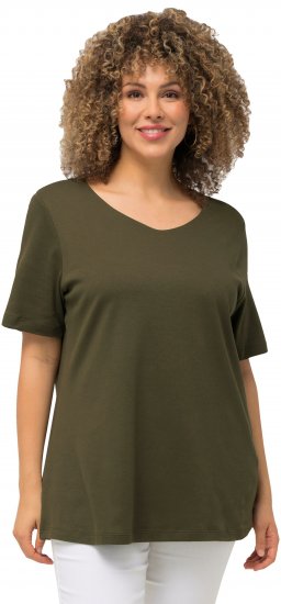 Ulla Popken Double Layer Rounded V-Neck Slim Fit Tee Forest Green - Marškinėliai - 