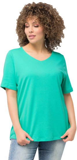 Ulla Popken Double Layer Rounded V-Neck Slim Fit Tee Turquioise Green - Marškinėliai - 