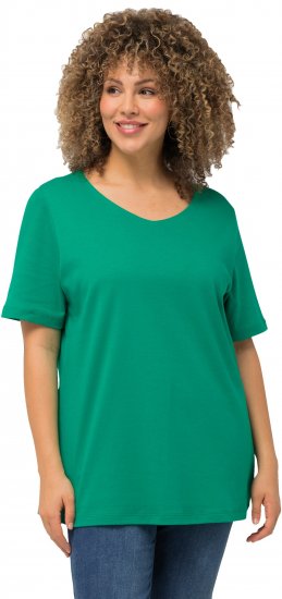 Ulla Popken Double Layer Rounded V-Neck Slim Fit Tee Emerald - Marškinėliai - 