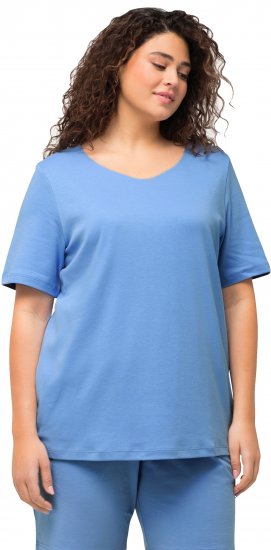 Ulla Popken Double Layer Rounded V-Neck Slim Fit Tee Cloud Blue - Marškinėliai - 