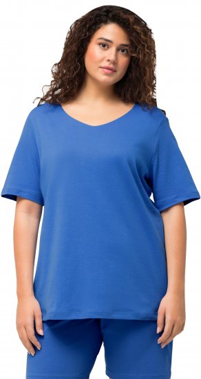 Ulla Popken Double Layer Rounded V-Neck Slim Fit Tee Blue - Marškinėliai - 