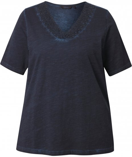 Ulla Popken Lace Trim Short Sleeve Tee Navy Blue - Marškinėliai - 