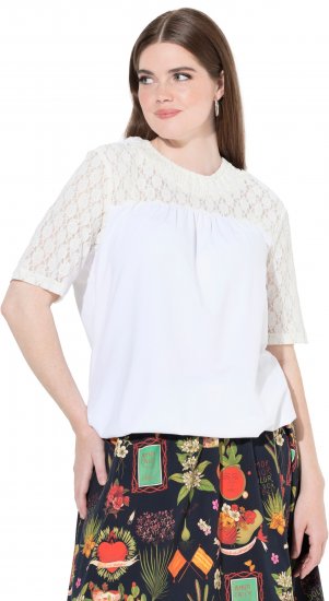 Ulla Popken Lace Yoke Short Sleeve T-Shirt Snow White - Marškinėliai - 