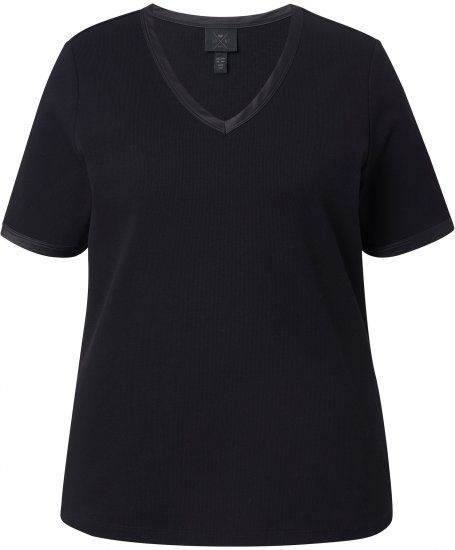 Ulla Popken Satin Trimmed Ribbed Jersey Short Sleeve T-Shirt Black - Marškinėliai - 