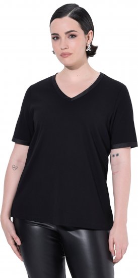 Ulla Popken Satin Trimmed Ribbed Jersey Short Sleeve T-Shirt Black - Marškinėliai - 