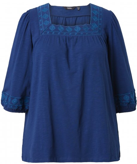 Ulla Popken Embroidered Detail 3/4 Sleeve Tee Dark Blue - Spausdinti marškinėliai moterims - 