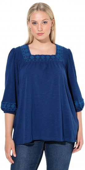Ulla Popken Embroidered Detail 3/4 Sleeve Tee Dark Blue - Spausdinti marškinėliai moterims - 