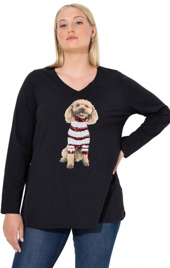 Ulla Popken Sequined Puppy Long Sleeve Graphic Tee Black - Spausdinti marškinėliai moterims - 