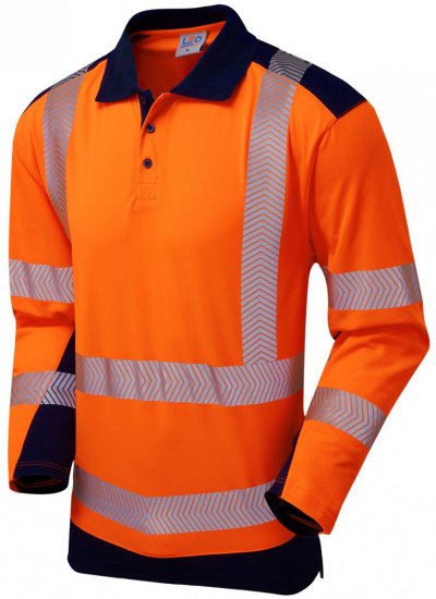 Leo Wringcliff Coolviz Plus L/S Polo Hi-Vis Orange/Navy - Darbo drabužiai - Darbo drabužiai - 3XL-10XL