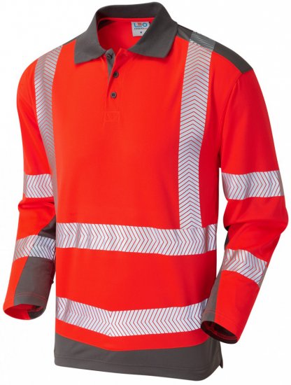 Leo Wringcliff Coolviz Plus L/S Polo Hi-Vis Red/Grey - Darbo drabužiai - Darbo drabužiai - 3XL-10XL