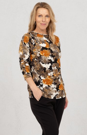 Scandinavian Caramel Flowers Blouse Orange and Brown - Spausdinti marškinėliai moterims - 