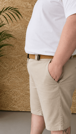 Kam Jeans 3402 Belted Dobby Weave Stretch Chino Shorts Beige - Šortai - Šortai - W40-W60