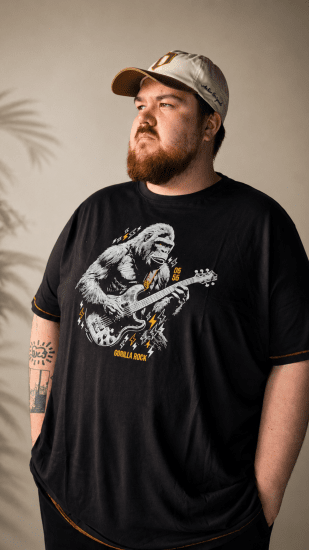 D555 Macfarlan Gorilla Playing Guitar Printed T-shirt Black - Didelių dydžių drabužiai - Didelių dydžių rūbai vyrams